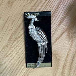 Vintage Monet Silver and Crystal Large Bird Pin